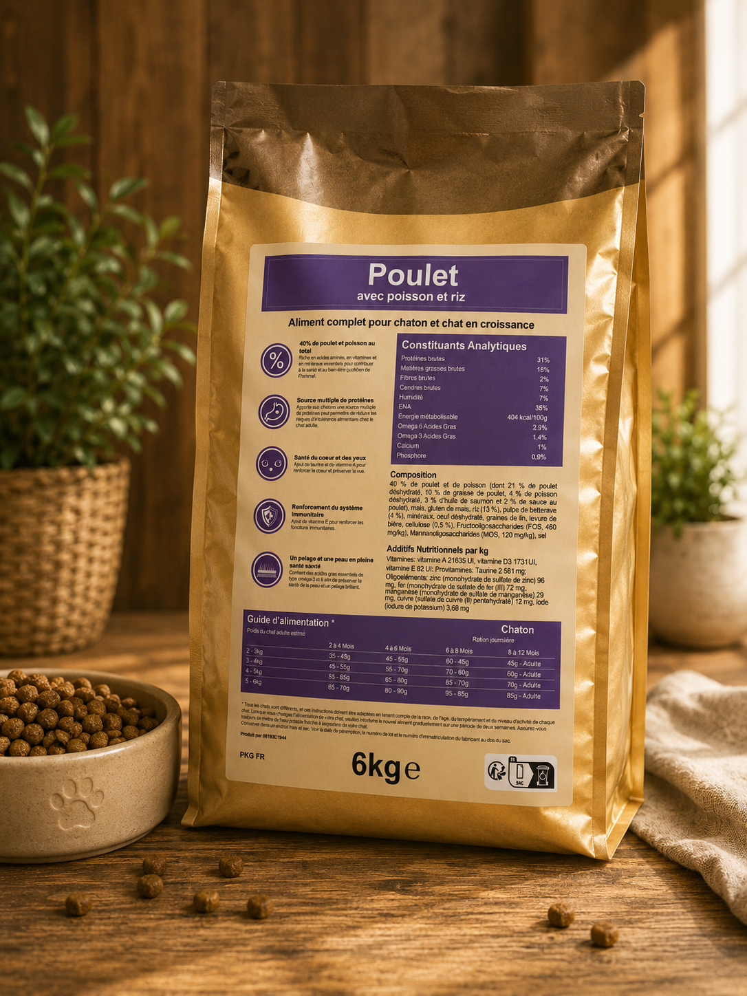 Croquette Chaton - Poulet avec Poisson & Riz - Croissance - 6kg