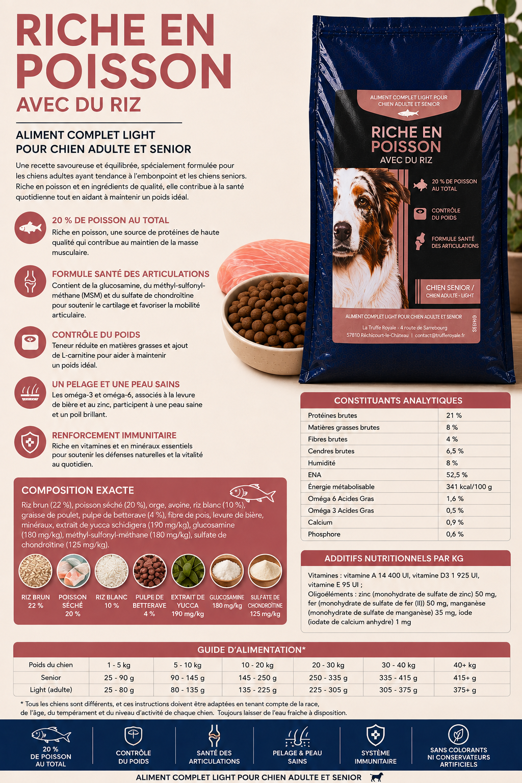 Croquette Chien Adulte Light & Senior - Riche en Poisson avec du Riz - 10kg